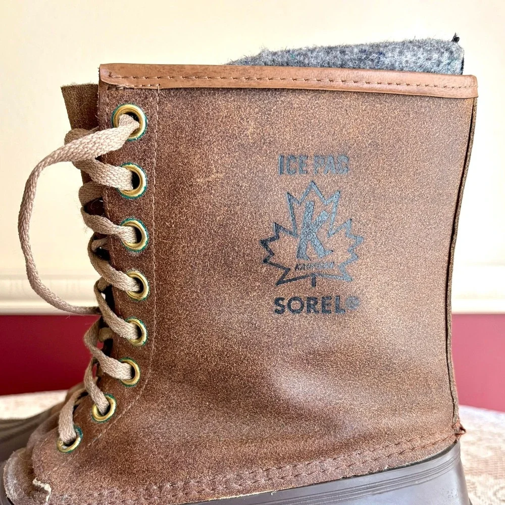 Vintage Sorel Kaufman Ice Pac Brown Leather Duck Boots Mens 12 Made in Canada